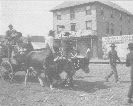 Remore Hotel in Bemidji Minnesota, built 1895. Ox-drawn cart is stage from Park Rapids.