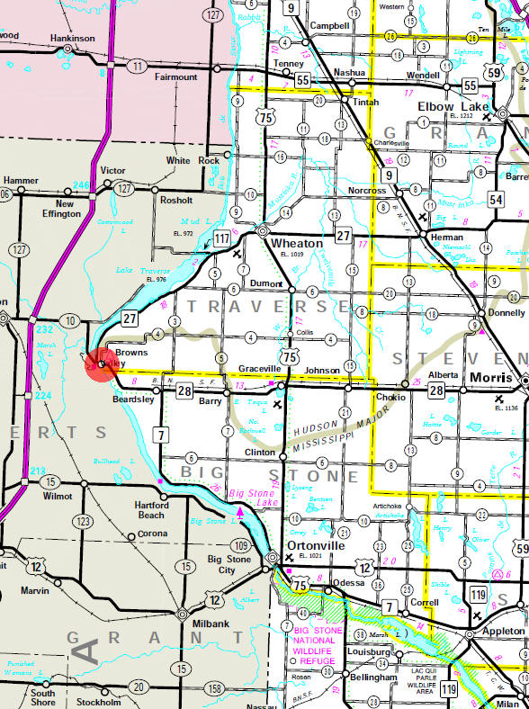 Minnesota State Highway Map of the Browns Valley Minnesota area