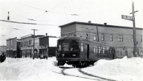 Inter-urban street car at Broadway and Wisconsin, Gilbert Minnesota, 1914