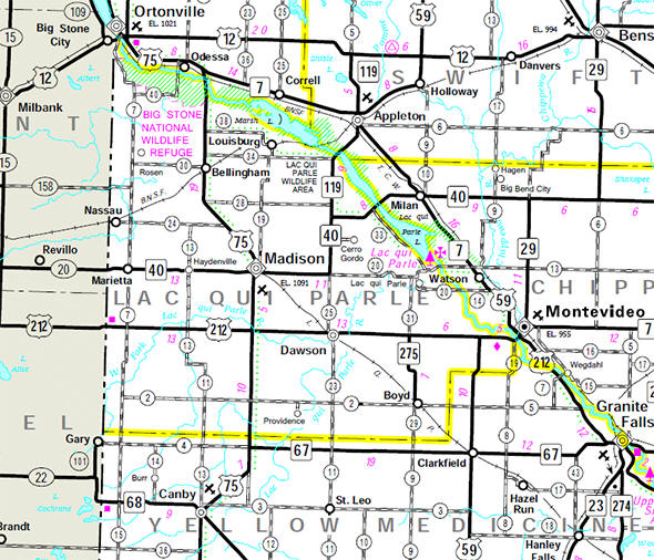 Minnesota State Highway Map of the Lac qui Parle County Minnesota area