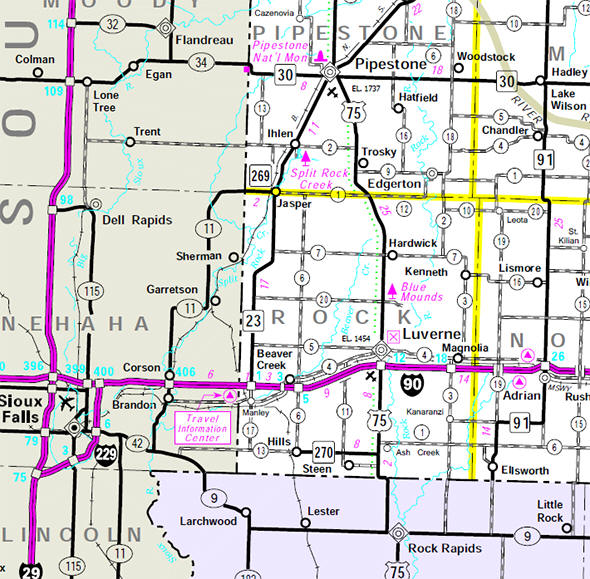 Minnesota State Highway Map of the Rock County Minnesota area