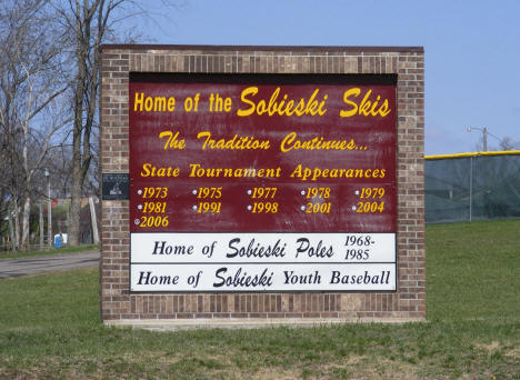 Home of the Sobieski Skis sign, Sobieski Minnesota, 2009