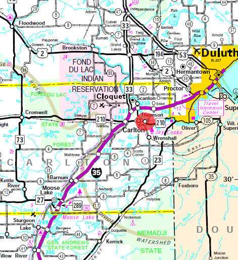 Minnesota State Highway Map of the Thomson Minnesota area