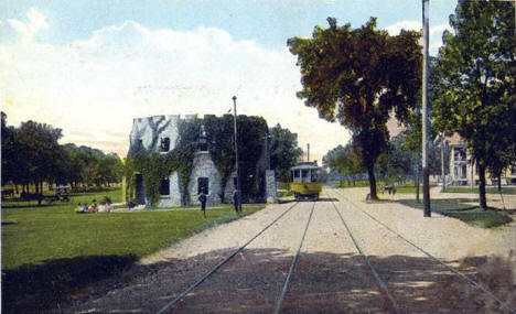 Old Round Tower and Trolley, Fort Snelling, 1920's?