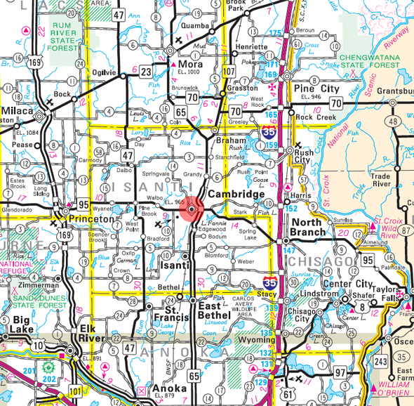 Minnesota State Highway Map of the Cambridge Minnesota area