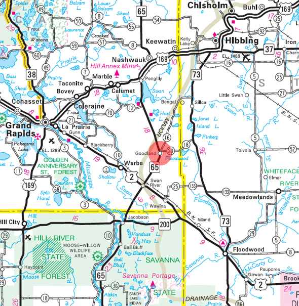 Minnesota State Highway Map of the Goodland Minnesota area 