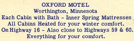 Oxford Motel, Worthington Minnesota, 1940's