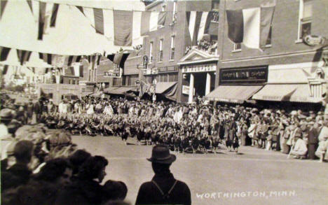 Flock of turkeys in Parade, Worthington Minnesota, 1940's