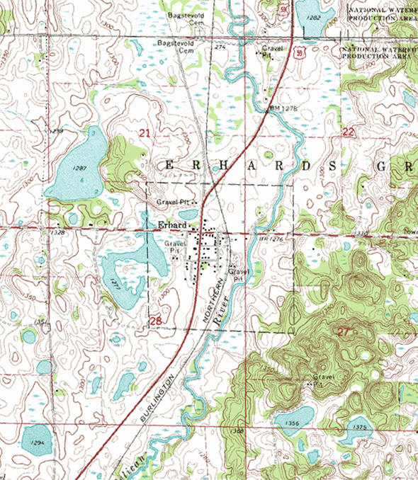 Topographic map of the Erhard Minnesota area