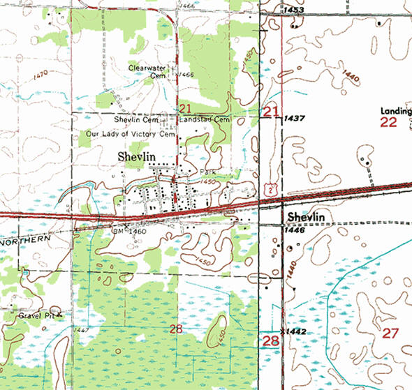 Topographic map of the Shevlin Minnesota area