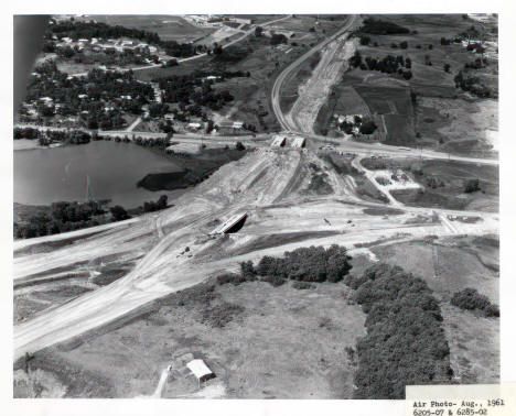 Aerial view of Lake Valentine and Interstate 694 construction project, Arden Hills, Minnesota, 1961