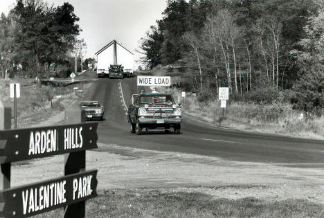 Delivery of Scandia church to Arden Hills campus, Bethel University, Arden Hills, Minnesota, 1973