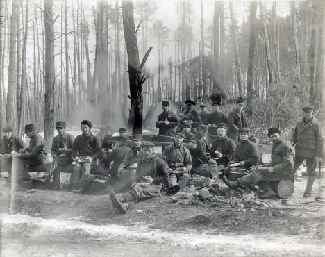 Mealtime at Nixon's Camp near Akeley Minnesota, 1890