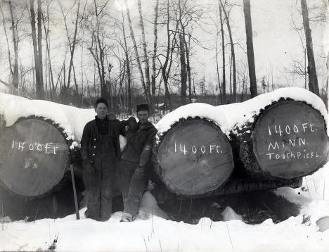 Two lumberjacks posed by some of the largest logs cut at Nixon Lumber Camp near Akeley Minnesota, 1890
