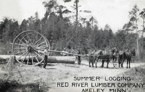 Summer logging with a big wheeled cart, Akeley, Minnesota, 1913