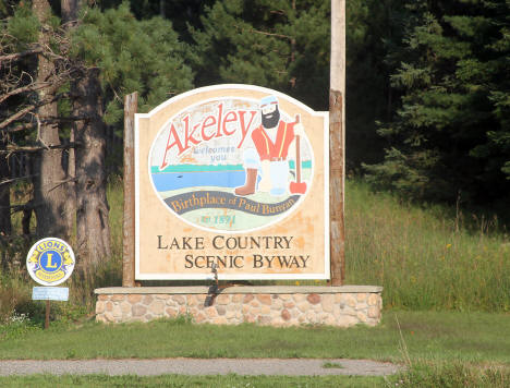 Welcome sign, Akeley, Minnesota, 2024