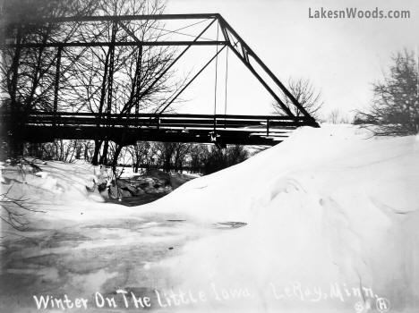 Bridge over Little Iowa River in winter, Leroy Minnesota, 1910
