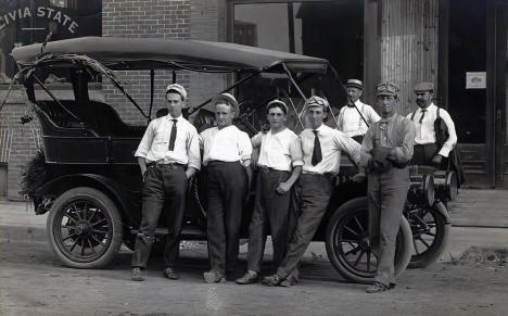 Auto club members outside Olivia State Bank, Olivia Minnesota, 1908