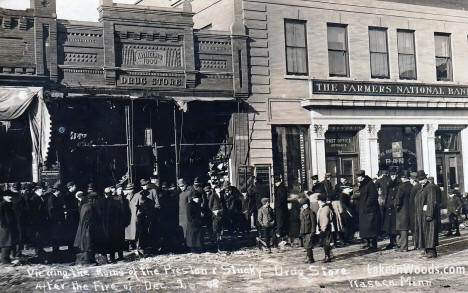 Preston and Stucky Drug Store after a fire, Waseca Minnesota, 1908