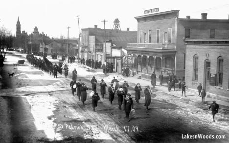 St. Patrick's Day Parade on West Elm Avenue, Waseca Minnesota, 1909