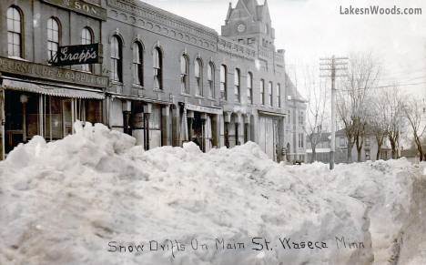 Snow drifts on Main Street, Waseca Minnesota, 1910s